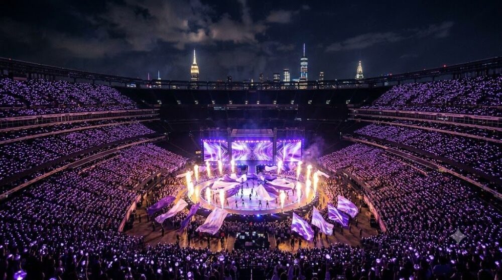 360度センターステージから炎が上がり、ダンサーが大きな布とLEDフラグを掲げるスタジアム公演のイメージ