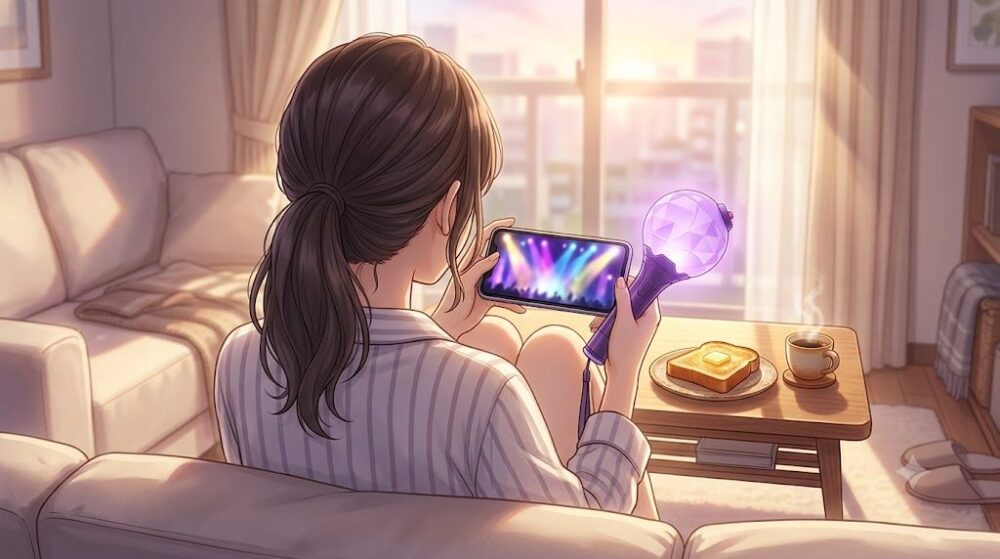 朝の部屋でスマホのライブ映像を見ながら紫のペンライトを握る日本のARMYの後ろ姿のイメージイラスト