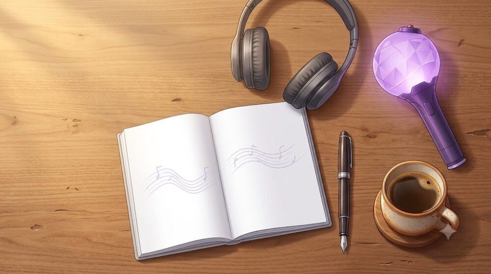 白紙のノートと万年筆、ヘッドホン、紫のペンライト、コーヒーカップが並ぶセットリストメモのイメージイラスト