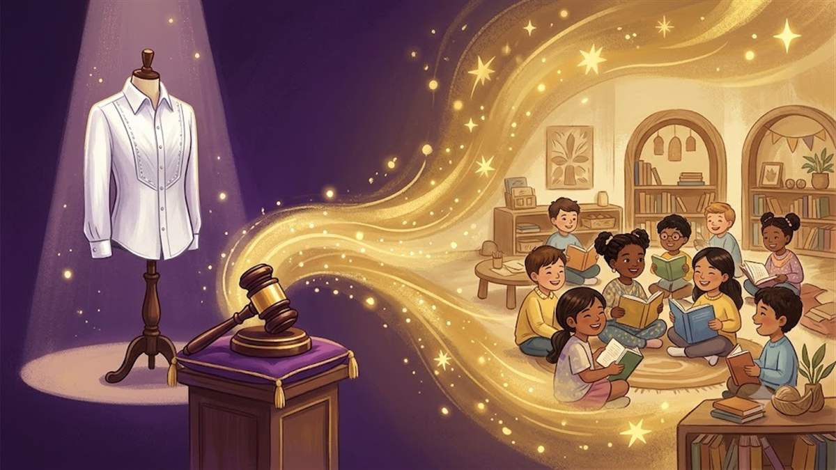 チャリティーオークションの仕組みを表すイラスト。ステージ衣装とオークションガベルから金色の光が子どもたちの教育支援へつながるイメージ