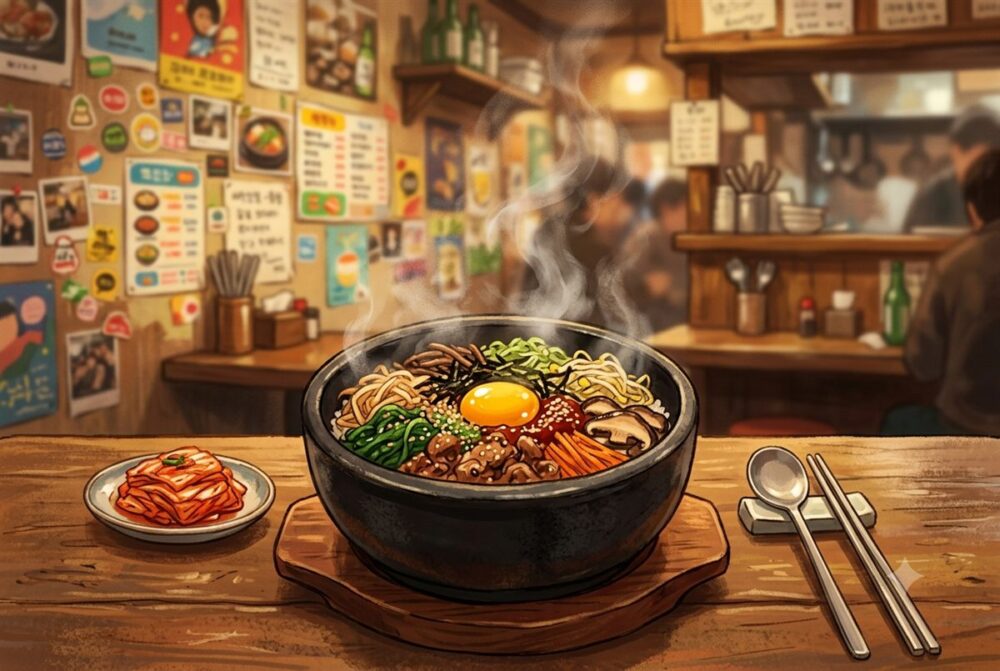 ステッカーやポスターに囲まれた韓国食堂の石焼きビビンバのイメージイラスト（ユジョン食堂の防弾ビビンバをイメージ）