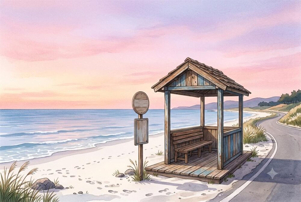江陵・注文津の海岸沿いに立つ木製バス停のイメージイラスト（BTSバス停をイメージ・標識は無地）