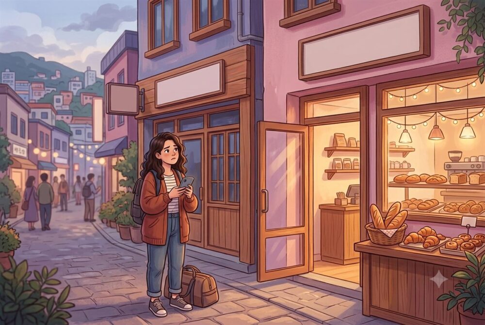 釜山の街角で地図アプリを確認しながらカフェを探す旅行者のイメージイラスト（店の看板は無地）