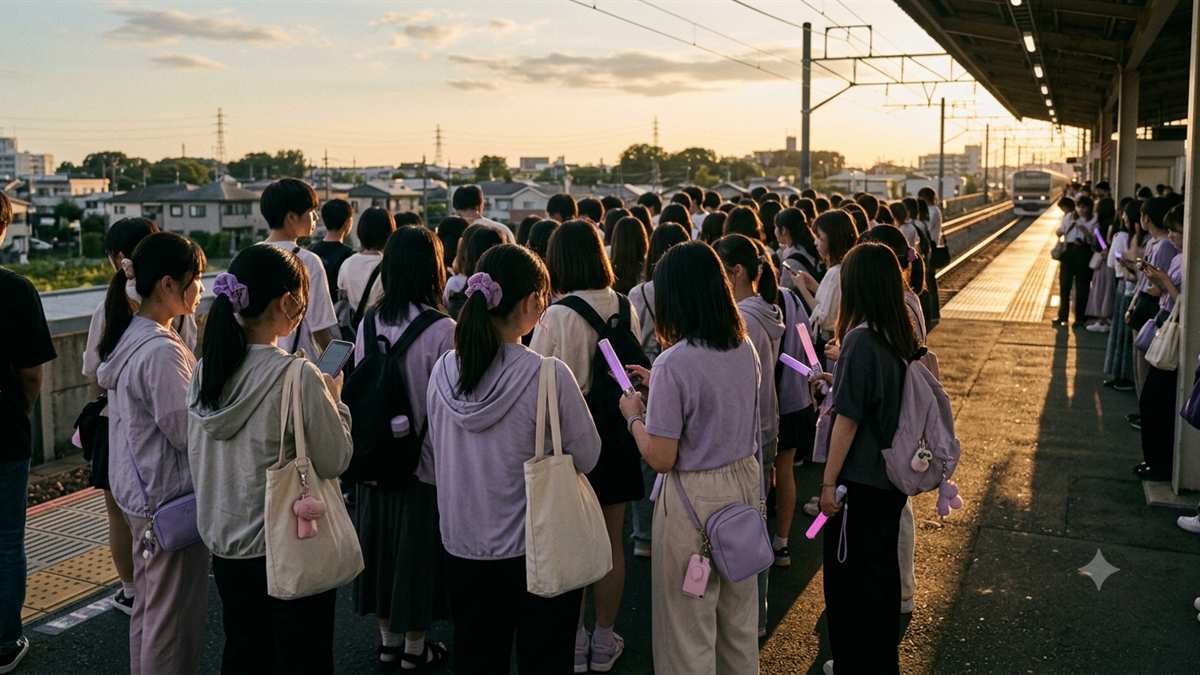 コンサート会場へ向かうため夕方の駅で列車を待つファンのイメージ