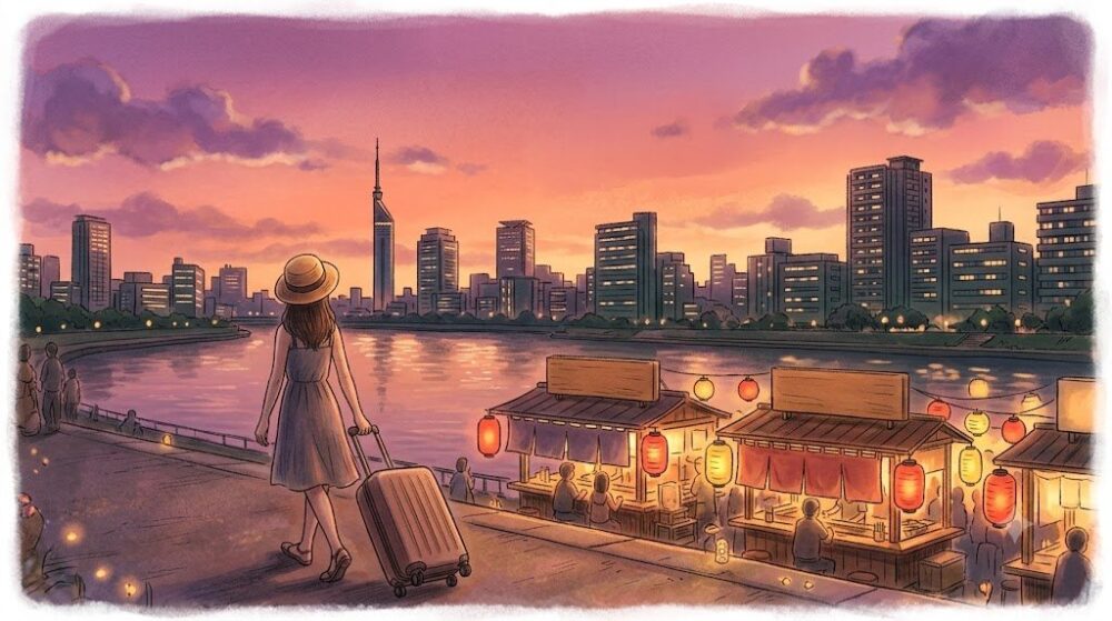 夕暮れの川沿いの屋台とビル街を背景にスーツケースを引いて歩く女性の福岡旅行イメージイラスト
