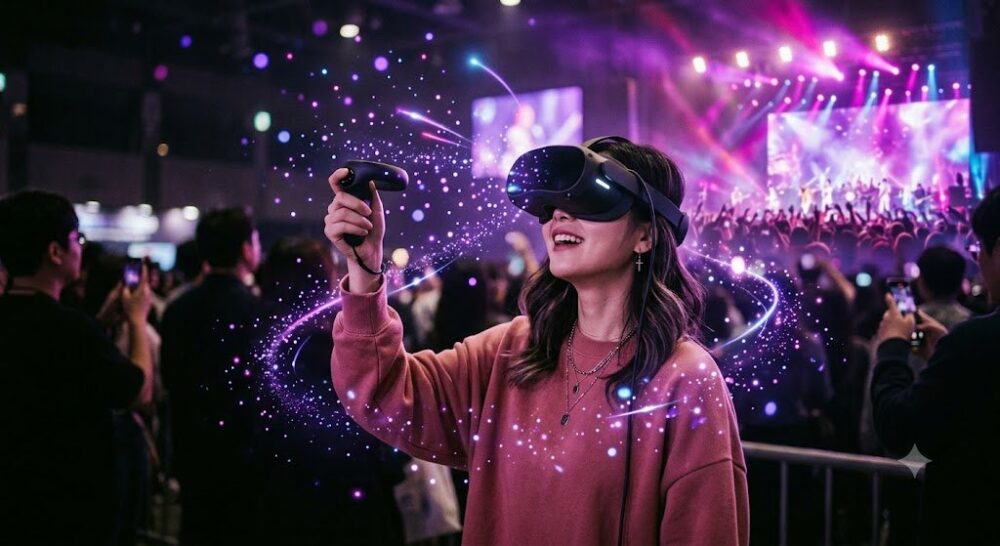 VRヘッドセットを装着した女性が紫色の光に包まれてステージ映像を体験しているイメージ画像