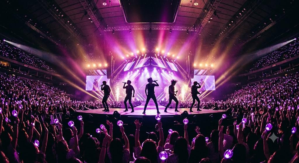 コンサート最前列から見上げた、紫のペンライトの海と逆光のアイドルグループシルエットのイメージ画像