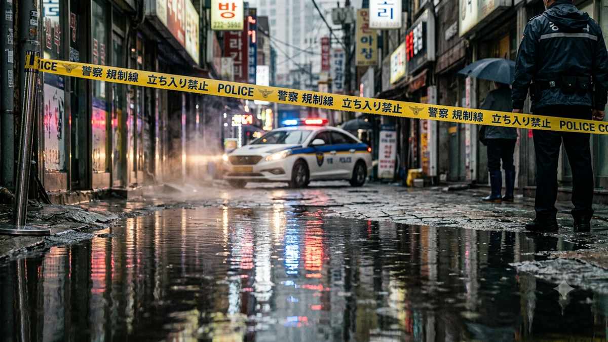 財閥×刑事2のあらすじイメージ。雨上がりの夜のソウルの路地に張られた警察の規制線とパトカー
