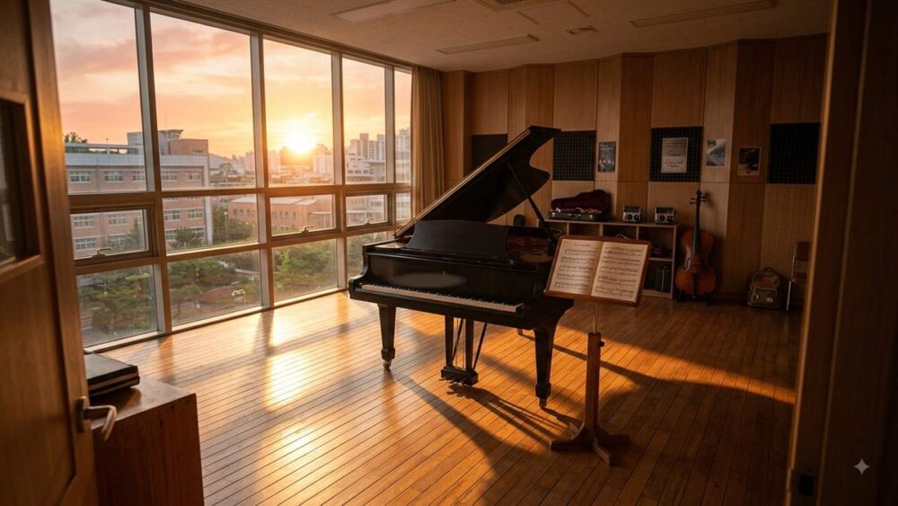 『フォーハンズ』の舞台・芸術高校をイメージした夕日の差し込む音楽練習室とグランドピアノの画像