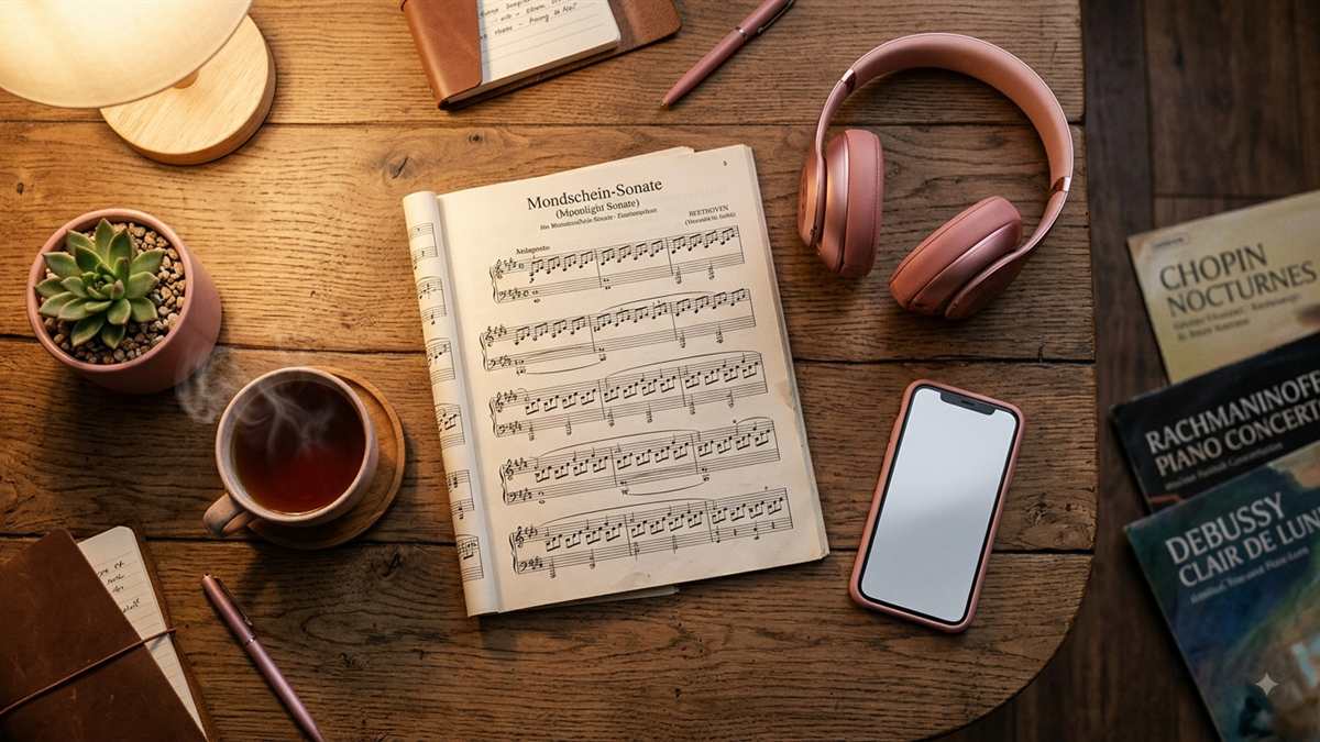 クラシック音楽鑑賞の夜のイメージ｜ピアノ楽譜とヘッドホンとティーカップのフラットレイ画像