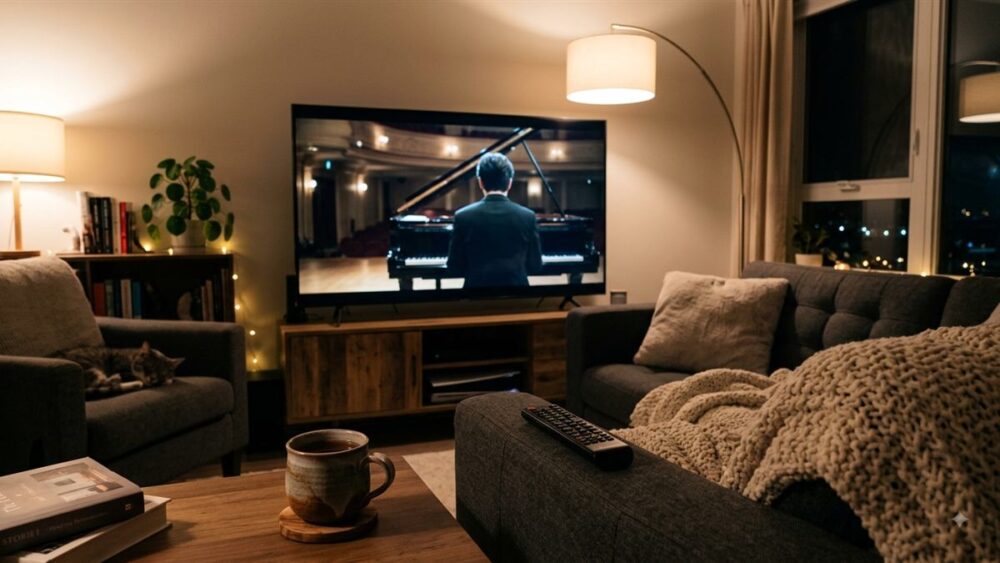 『フォーハンズ』を自宅で見るイメージ｜夜のリビングのテレビでピアノドラマを再生している画像