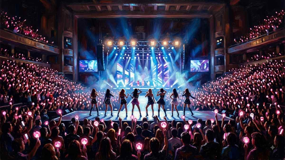 ピンクのペンライトで埋まったコンサートホールのステージで踊る8人組ガールズグループを客席後方から描いた油絵風イメージイラスト