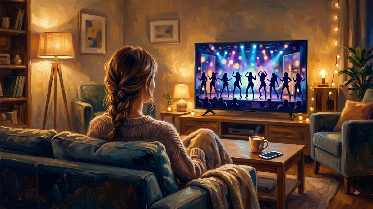 夜のリビングでソファに座り、8人組ガールズグループが踊るテレビ画面を見る女性の後ろ姿を描いた油絵風イメージイラスト