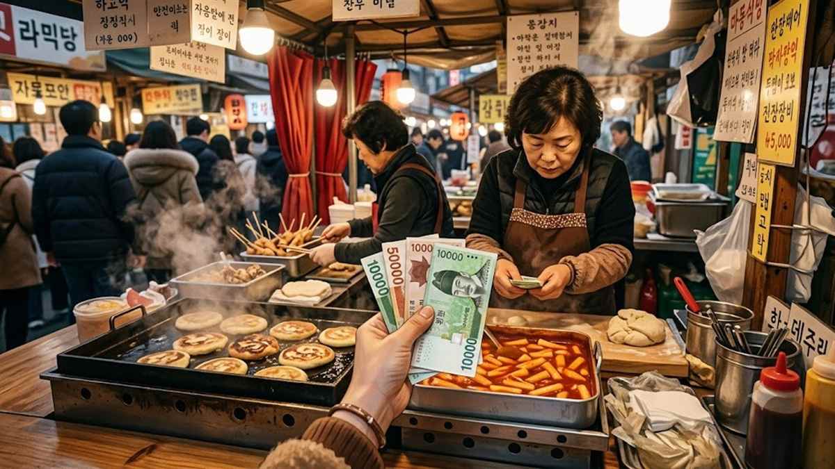 韓国の伝統市場の屋台でウォン紙幣を使って支払うイメージ
