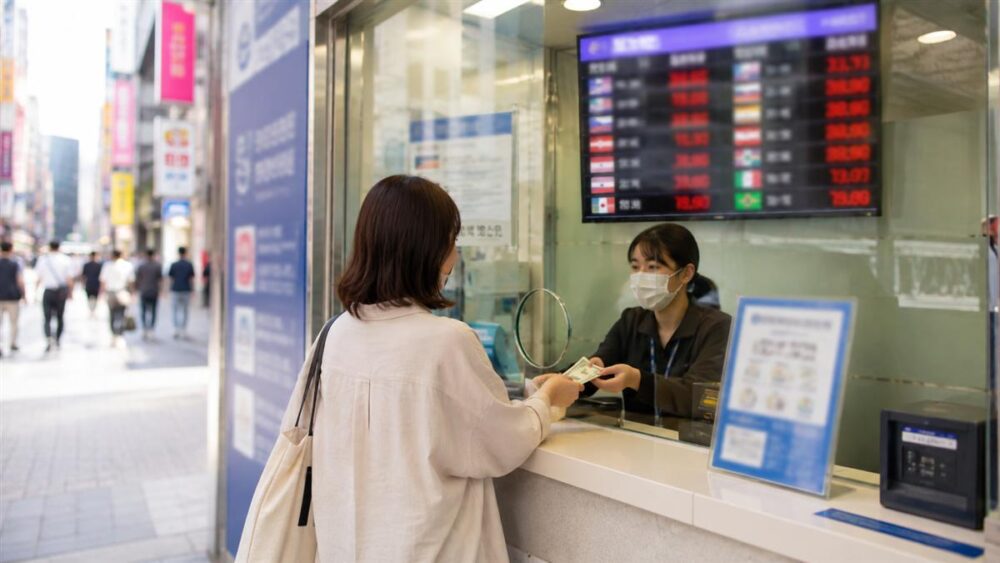 ソウルの両替所で日本円をウォンに両替する女性旅行者のイメージ