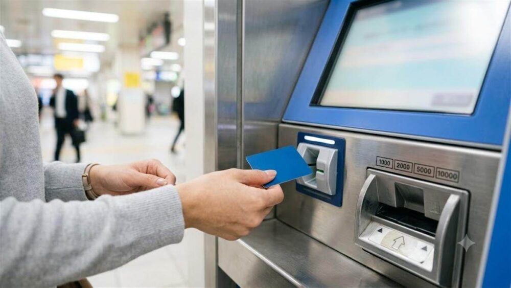 駅のチャージ機でプリペイドカードに日本円をチャージする手元のイメージ