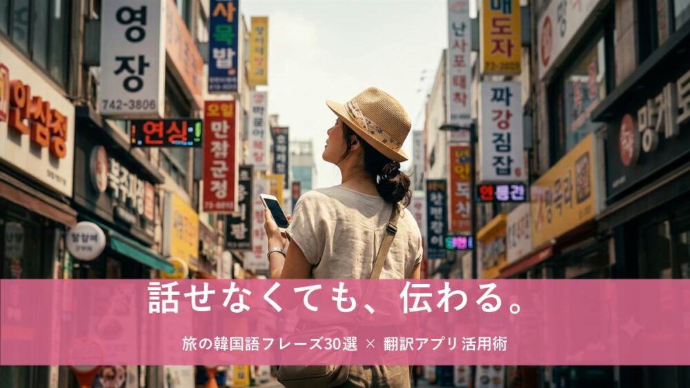 韓国・明洞の繁華街でスマートフォンを片手にハングルの看板を見上げる日本人女性旅行者、話せなくても伝わる旅の韓国語フレーズ30選と翻訳アプリ活用術