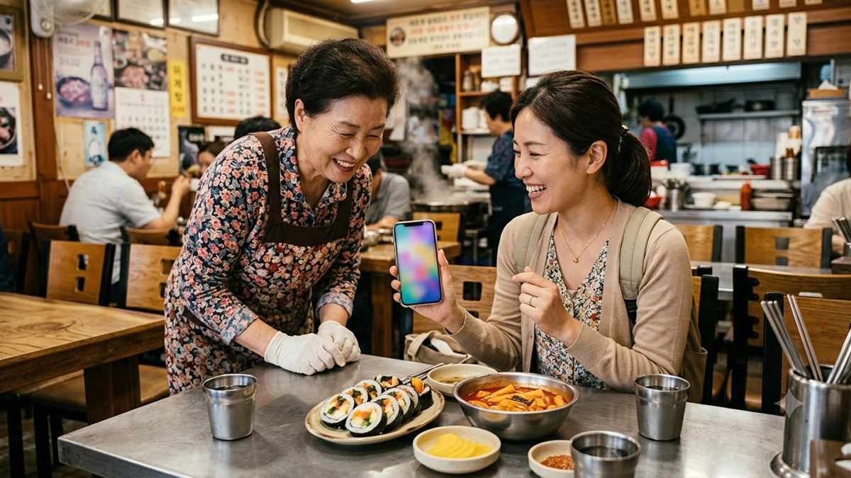韓国の食堂でスマートフォンの翻訳アプリの画面を店員に見せながら笑顔で注文する日本人女性旅行者