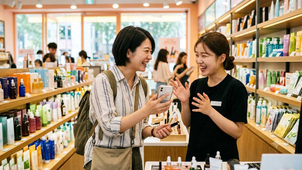 韓国のコスメショップで店員と身振り手振りとスマートフォンでやり取りする日本人女性旅行者、言葉が通じなくても楽しめる韓国旅行のイメージ
