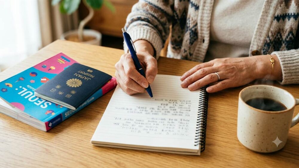 韓国旅行前にガイドブックとパスポートを置いたテーブルでノートに韓国語フレーズを書いて練習する日本人女性の手元