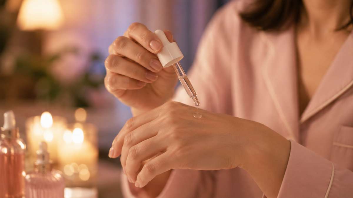 夜のリビングの間接照明の下、パジャマ姿でスポイトから手の甲に美容液を1滴落とす女性の手元のクローズアップ