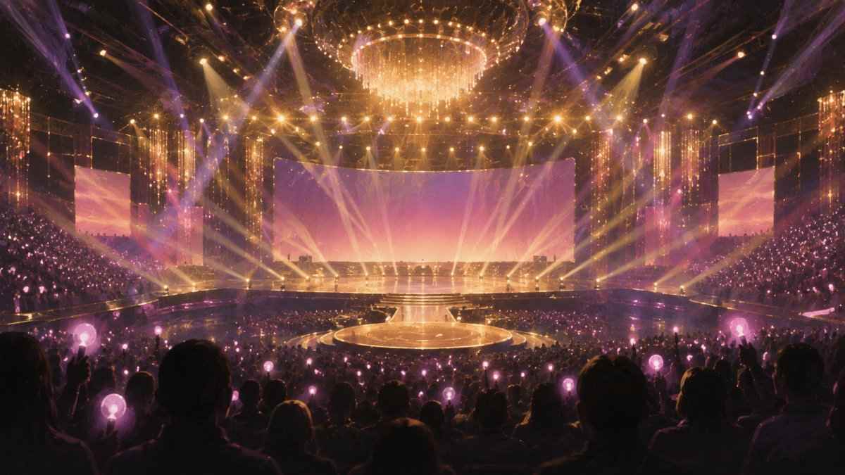 K-POPの音楽授賞式の会場を客席後方から見たイメージ（金と紫の照明とペンライトの光）