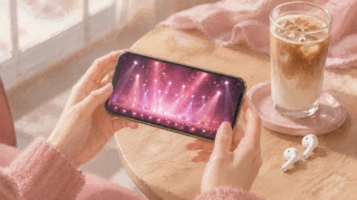 スマートフォンでK-POPの音楽番組を視聴する手元のイメージ（カフェのテーブルとアイスラテ）