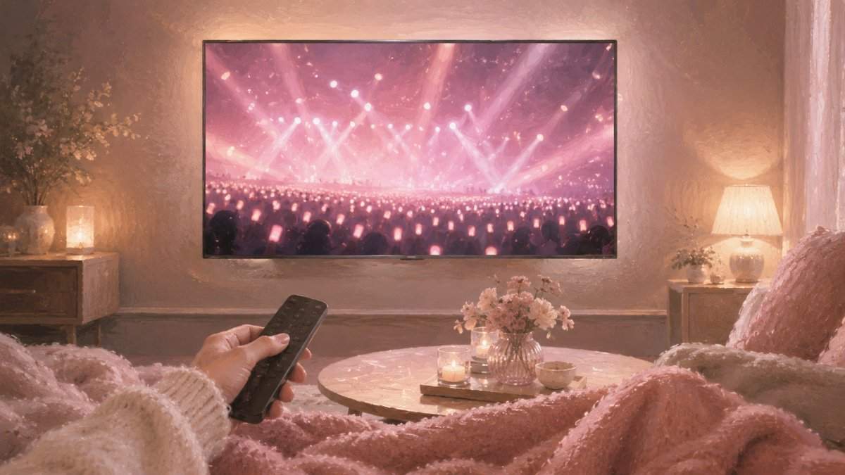 壁掛けの大画面テレビでK-POPの音楽番組を見ているリビングのイメージ（ピンクのステージ照明とペンライトの光）