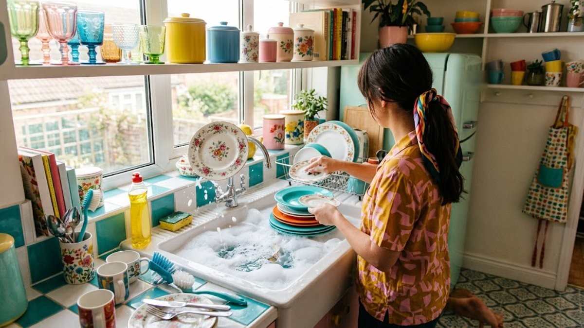 カラフルなレトロキッチンでお皿を洗う女性の後ろ姿のイメージ画像