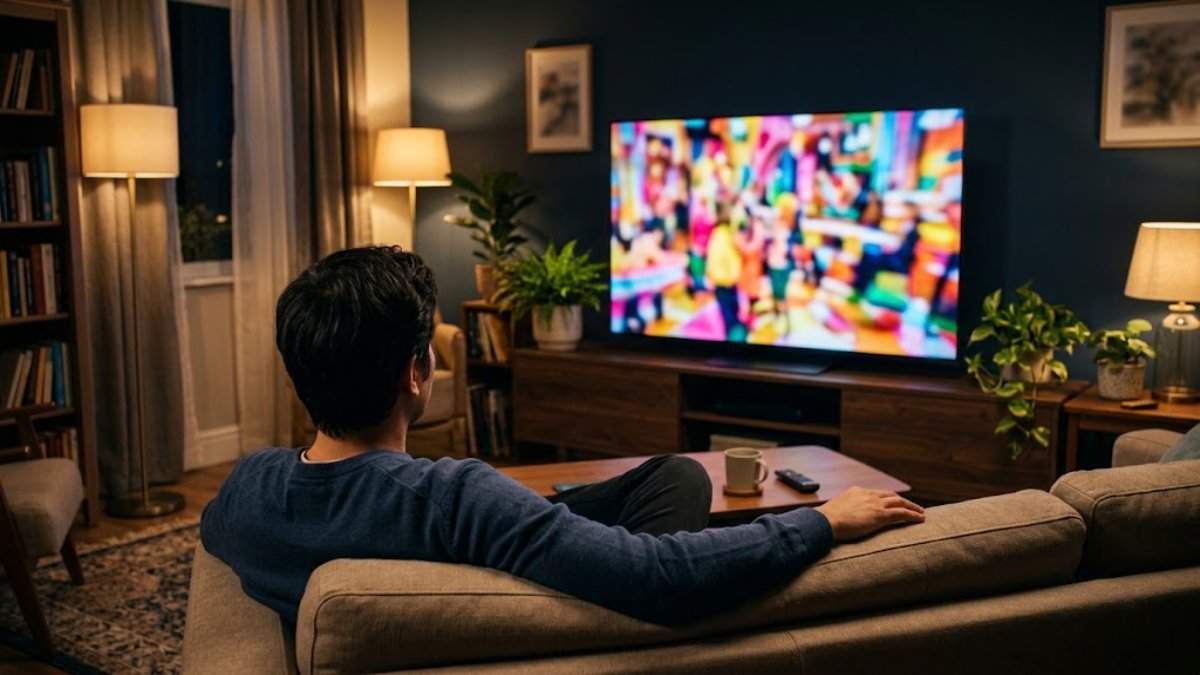 夜のリビングでソファからテレビのカラフルな映像を見る人のイメージ画像