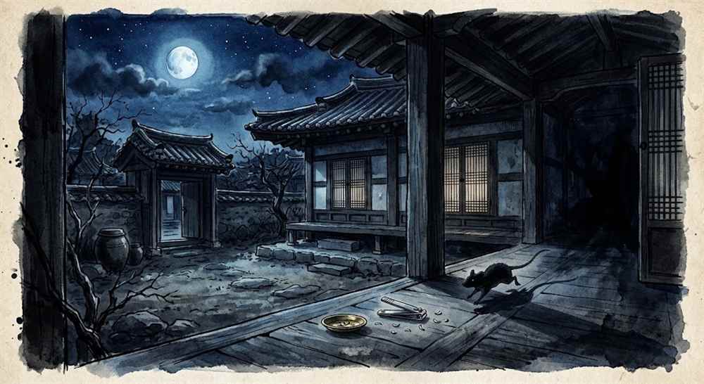 韓国の伝承「爪を食べた鼠」をイメージした月夜の韓屋と鼠のイラスト