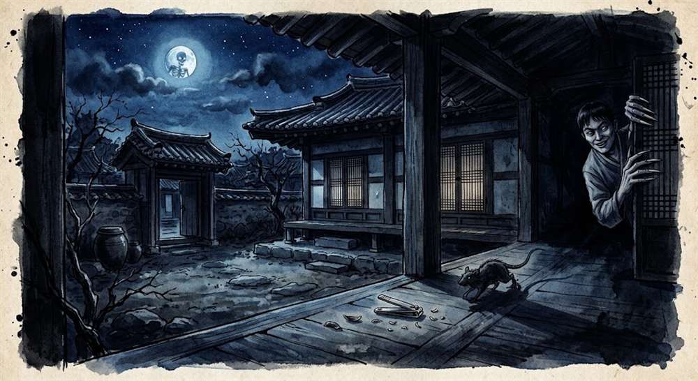 なりすました存在が覗く月夜の韓屋のイラスト