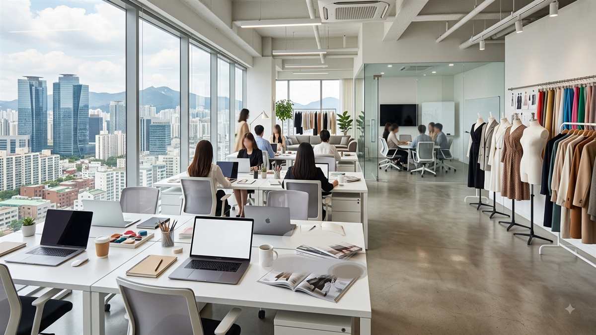 最愛の社員の舞台イメージ。ソウルの高層ビルを望むファッション企業のモダンなオフィスとトルソー・衣装ラック