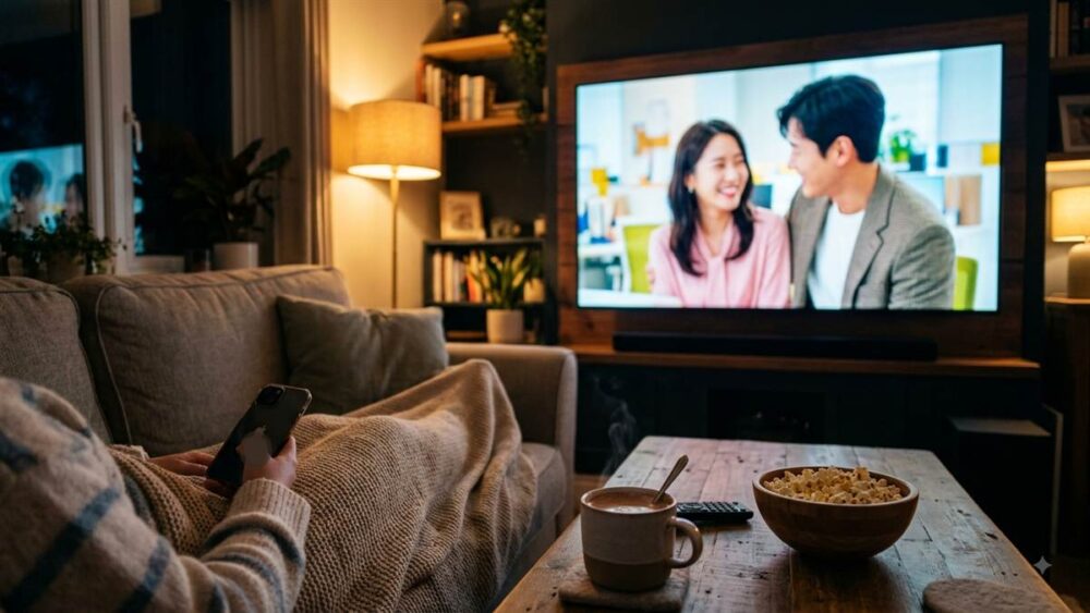 最愛の社員をU-NEXTで視聴するイメージ。夜のリビングで大型テレビにオフィスラブコメディの配信画面が映っている
