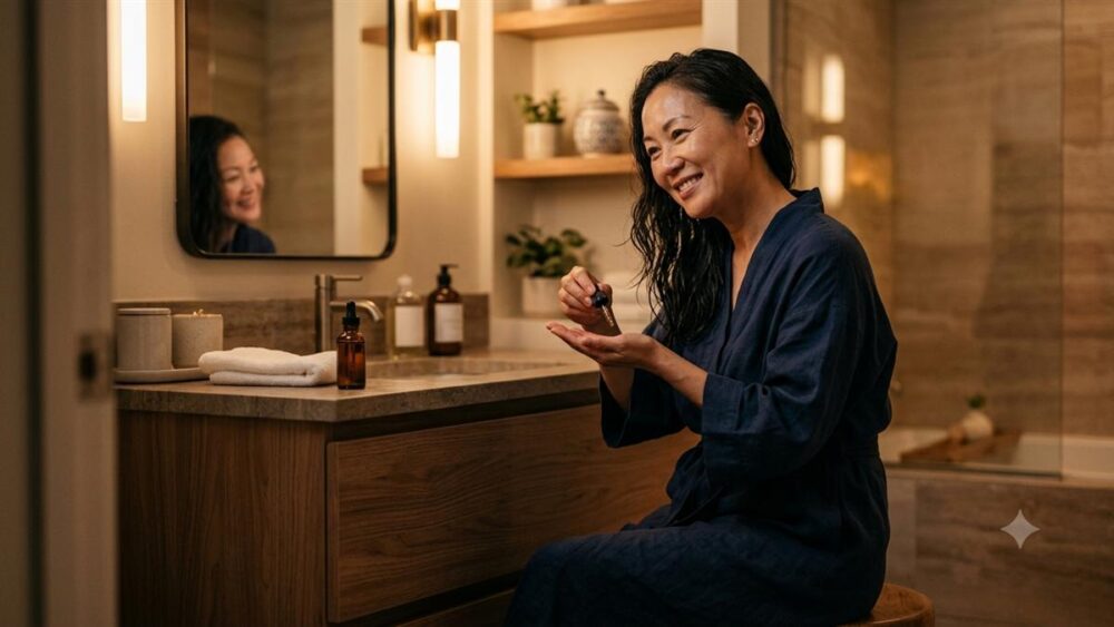 夜の洗面所でタオルドライした髪にヘアオイルをなじませる40代50代の女性のナイトケアのイメージ
