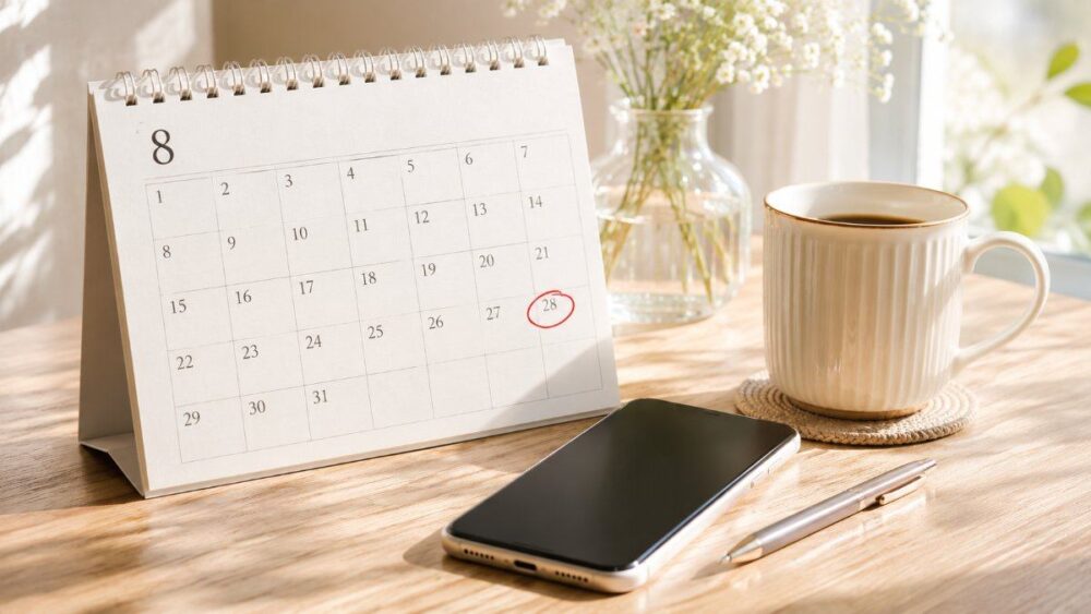 8月28日に赤丸をつけたカレンダーとスマートフォン
