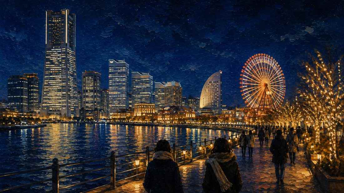 冬の横浜みなとみらいの夜景と遊歩道を歩く人々のイメージ