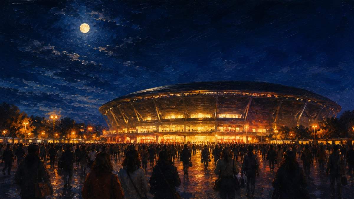 夜のコンサートアリーナに開演を待つ人々が集まるイメージ