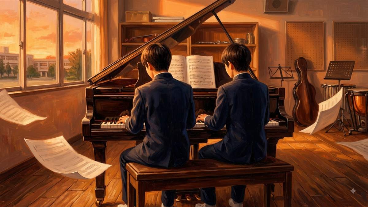 夕方の光が差し込む学校の音楽室で、1台のグランドピアノを連弾する制服姿の2人の青年の後ろ姿を描いた油絵風イメージイラスト