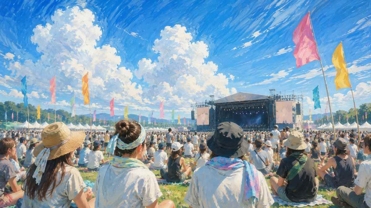真夏の野外フェス会場で音楽を楽しむ観客のイメージイラスト