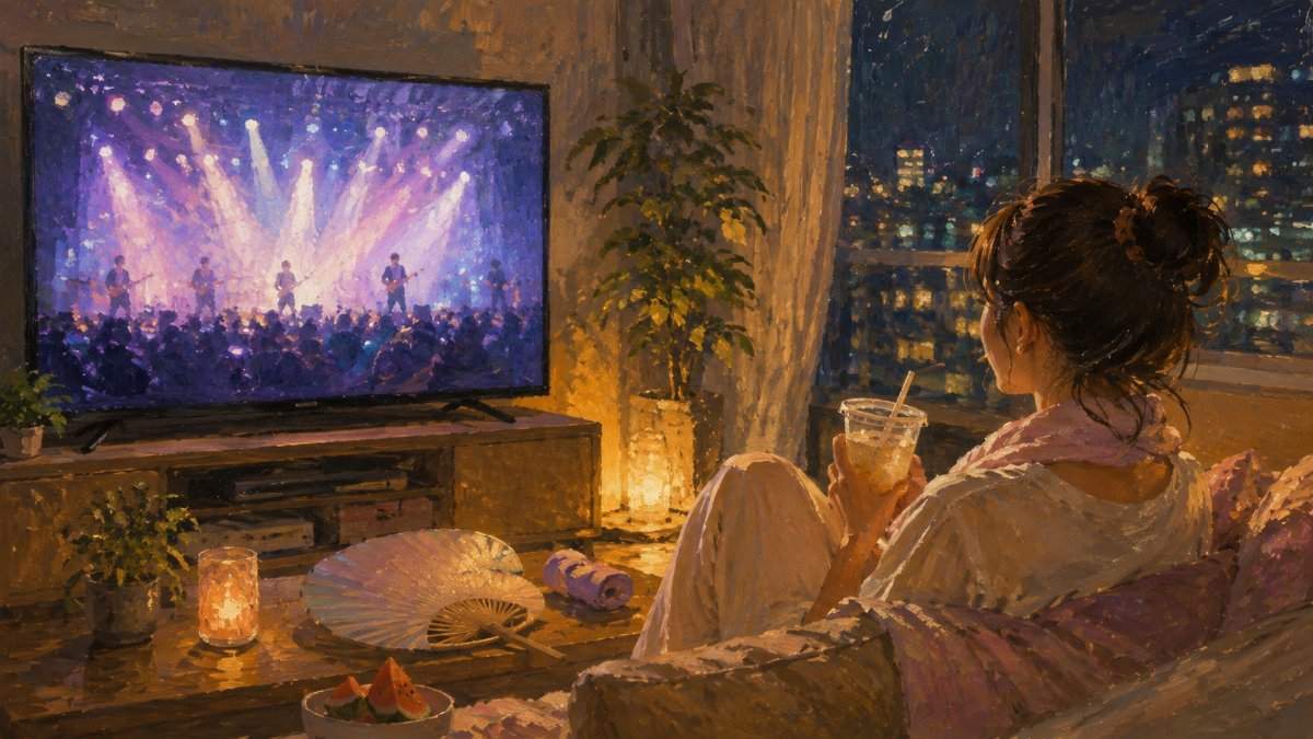 自宅のテレビで音楽フェスのライブ配信を視聴する女性のイメージイラスト