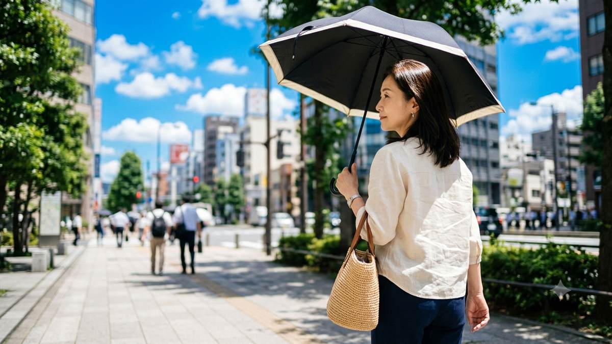 夏の強い日差しの下で日傘をさして頭頂部や分け目を紫外線から守る40代50代の女性のイメージ