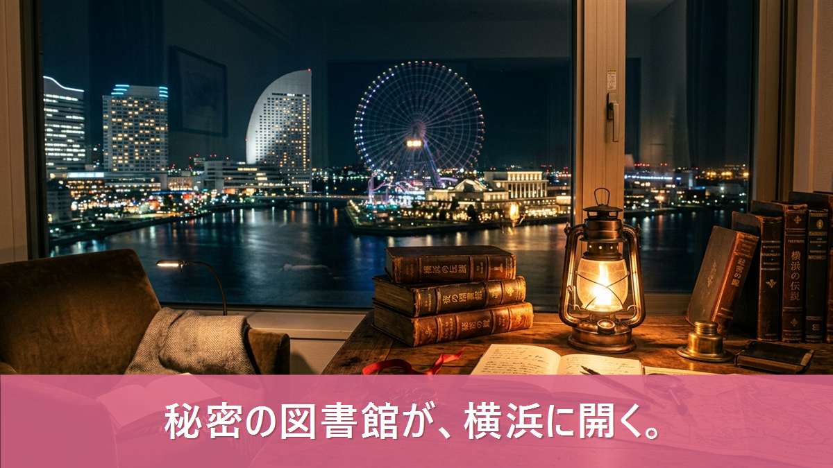 横浜みなとみらいの夜景と秘密の図書館をイメージした本とランタンのイメージ画像