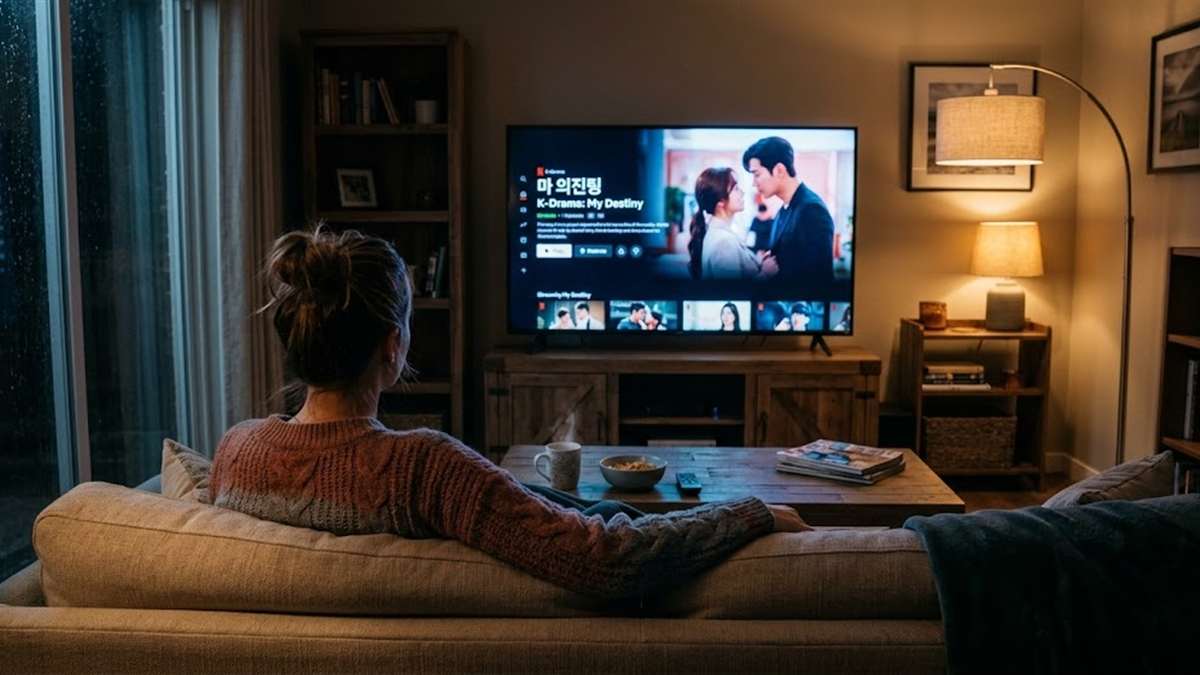 良いが悪い、ドンジェを配信で視聴するイメージ。リビングのソファで後ろ姿の人物がテレビを見ている