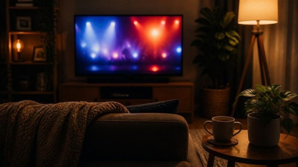 夜のリビングでソファに座りテレビを見るイメージ