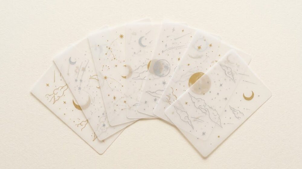 星と月の模様が描かれた半透明のカードが扇状に重なるイメージ