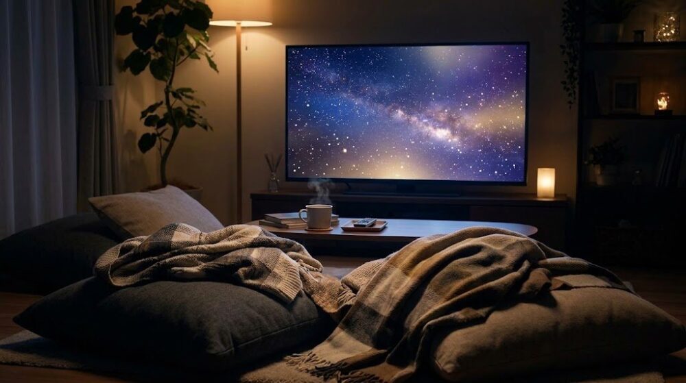 夜のリビングで星空が映るテレビを見ながらくつろぐイメージ