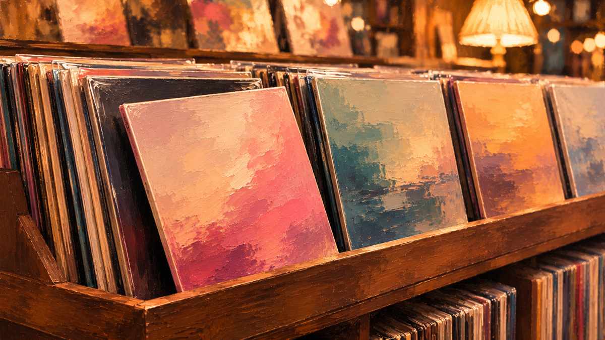 レコード店の棚に並ぶアルバムのイメージ