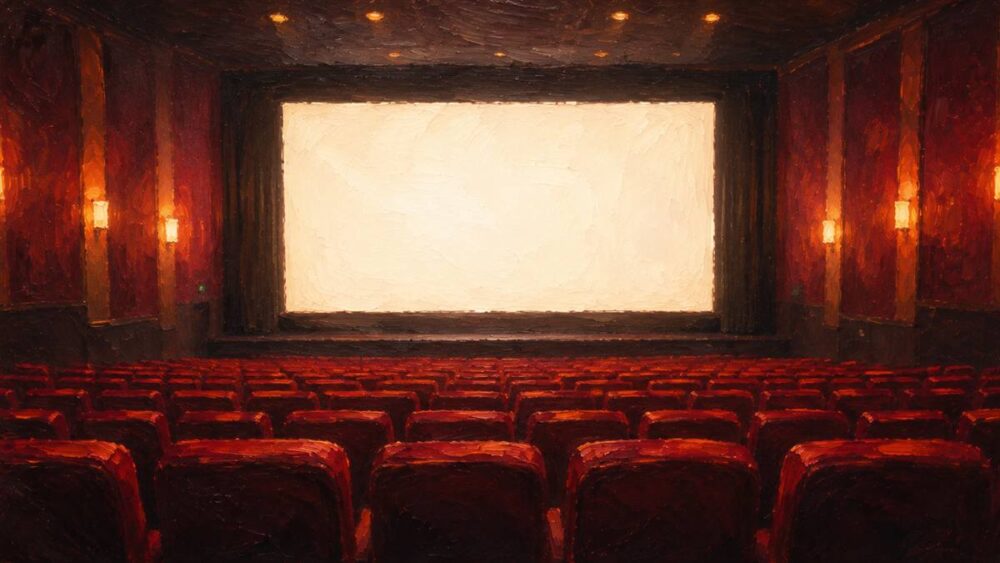スクリーンが光る無人の映画館のイメージ