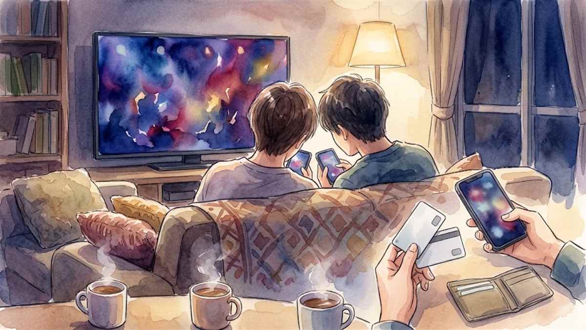 夜のリビングでテレビの光を眺める2人の後ろ姿の水彩イメージイラスト